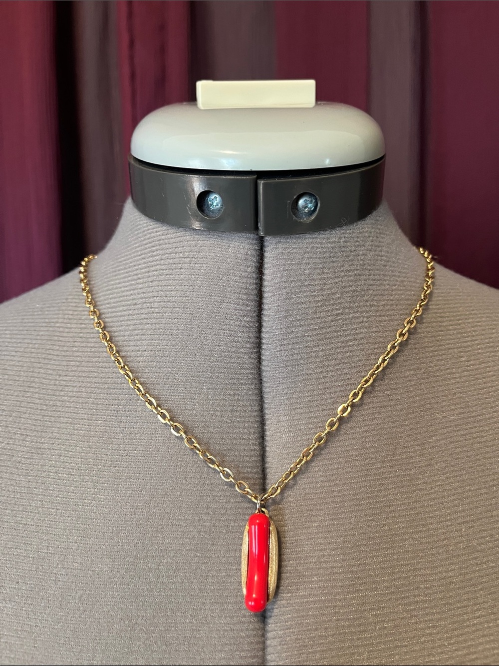 1975 Avon "Put on the Dog" Hotdog Pendant Necklace, Goldtone & Red, 18 Inches